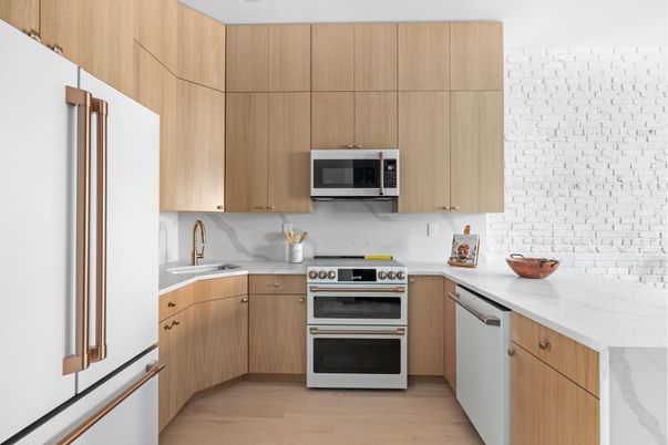 Interior, Kitchen, Marble Walls, Stainless Steel Appliances, Wood Texture Flooring