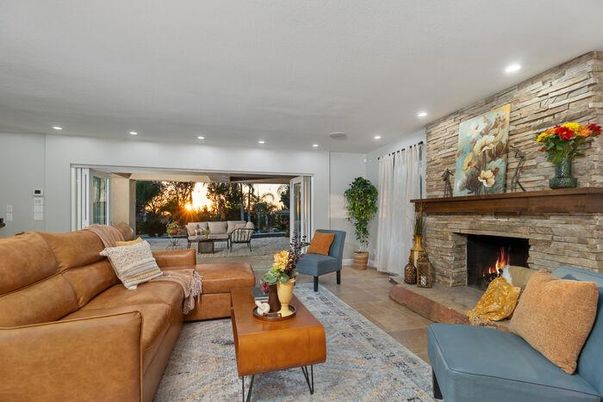 Fireplace, Interior, Living room, Recessed Lighting, Stone Walls