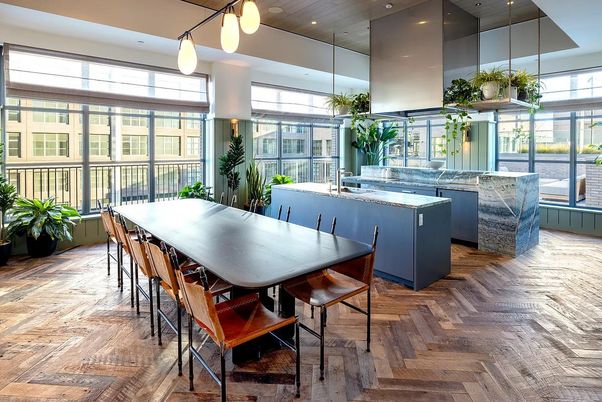 Dining room, Interior, Kitchen, Pendant Lights, Recessed Lighting, Wood Texture Flooring