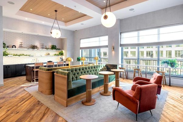 Dining room, Interior, Living room, Pendant Lights, Recessed Lighting, Stone Walls, Wooden Ceilings, Wood Texture Flooring