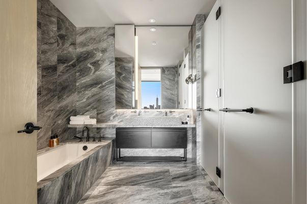 Bathroom, Interior, Marble, Marble Walls, Recessed Lighting
