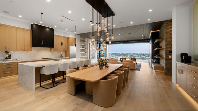 Dining room, Interior, Kitchen, Living room, Pendant Lights, Recessed Lighting, Wood Texture Flooring