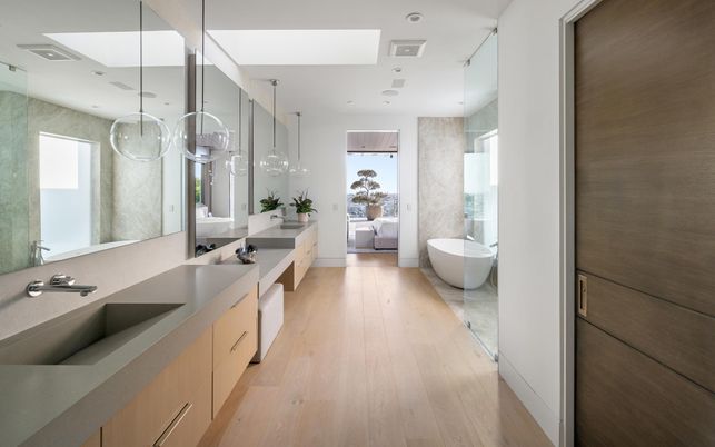 Bathroom, Dual Sink Vanities, Free Standing Baths, Interior, Pendant Lights, Recessed Lighting, Wood Texture Flooring