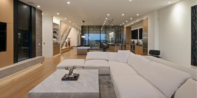Interior, Kitchen, Living room, Pendant Lights, Recessed Lighting, Wine Storage, Wood Texture Flooring