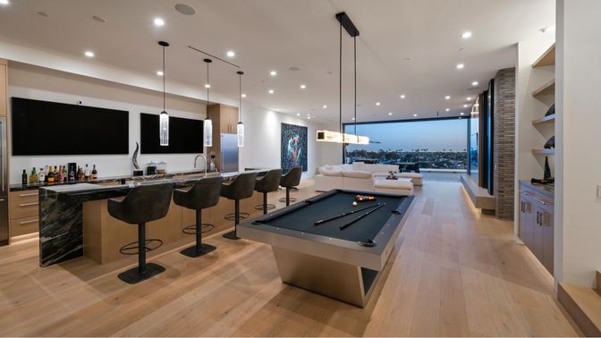 Billiard Table, Game Room, Interior, Pendant Lights, Recessed Lighting, Wood Texture Flooring
