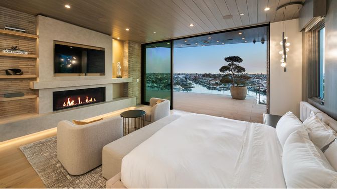 Bedroom, Fireplace, Interior, Pendant Lights, Recessed Lighting, Wooden Ceilings, Wood Texture Flooring