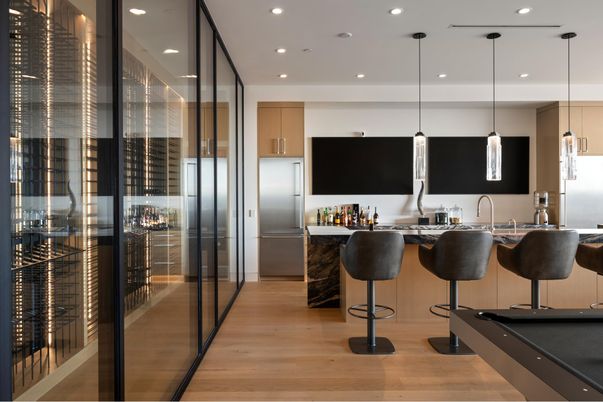 Interior, Kitchen, Pendant Lights, Recessed Lighting, Wood Texture Flooring