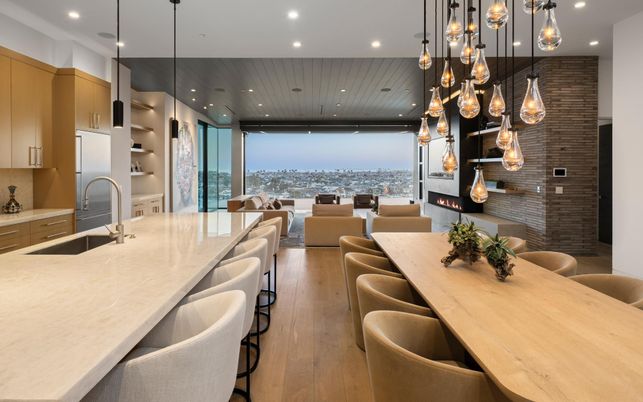 Dining room, Fireplace, Interior, Kitchen, Living room, Pendant Lights, Recessed Lighting, Stone Walls, Wood Texture Flooring