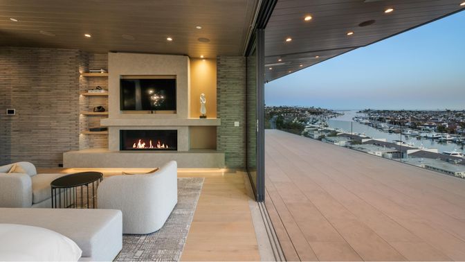 Fireplace, Interior, Living room, Recessed Lighting, Stone Walls, Wooden Ceilings, Wood Texture Flooring
