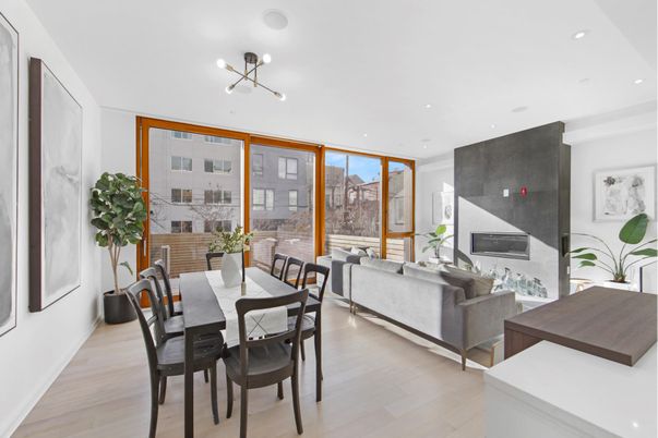 Dining room, Fireplace, Interior, Living room, Pendant Lights, Recessed Lighting, Wood Texture Flooring