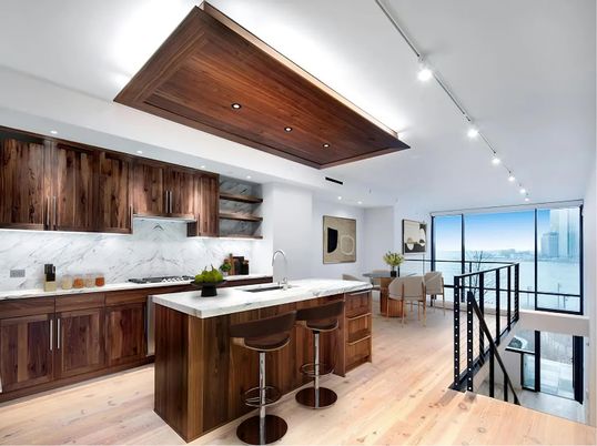 Dining room, Interior, Kitchen, Marble Walls, Recessed Lighting, Wooden Ceilings, Wood Texture Flooring