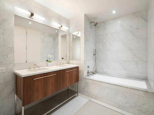 Bathroom, Dual Sink Vanities, Interior, Marble Walls, Recessed Lighting