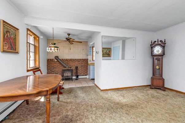Dining room, Fireplace, Interior, Pendant Lights, Stone Walls