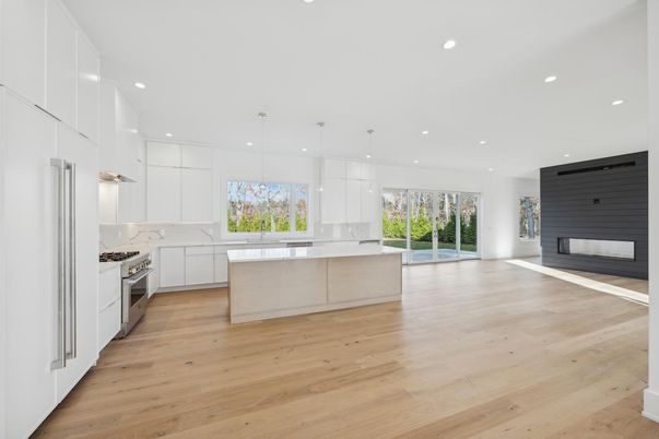 Fireplace, Interior, Kitchen, Pendant Lights, Recessed Lighting, Stainless Steel Appliances, Wood Texture Flooring