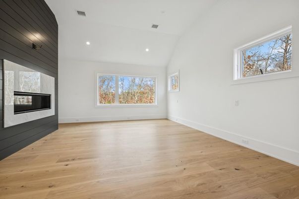 Empty room, Fireplace, Interior, Recessed Lighting, Wood Texture Flooring