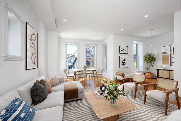 Dining room, Interior, Living room, Pendant Lights, Recessed Lighting, Wood Texture Flooring