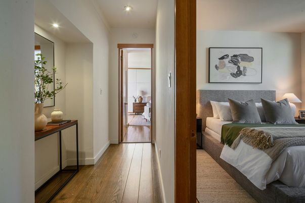 Bedroom, Interior, Recessed Lighting, Wood Texture Flooring