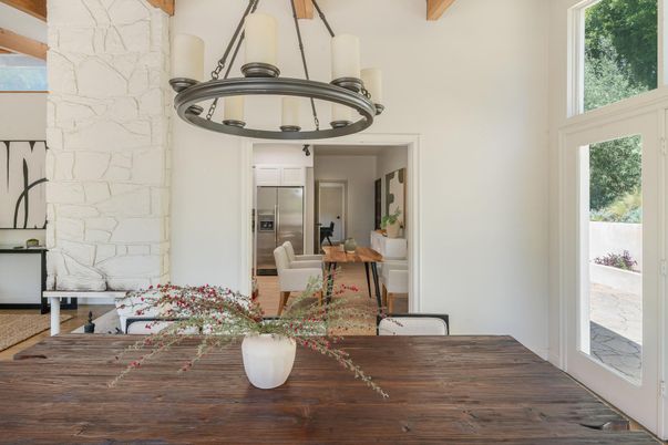 Interior, Kitchen, Pendant Lights, Stainless Steel Appliances, Stone Walls, Wooden Beams, Wood Texture Flooring