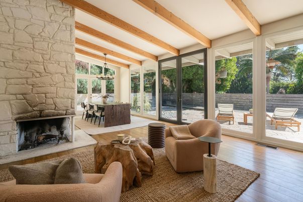 Dining room, Fireplace, Interior, Living room, Pendant Lights, Stone Walls, Wooden Beams, Wood Texture Flooring
