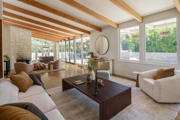 Fireplace, Interior, Living room, Stone Walls, Wooden Beams, Wood Texture Flooring