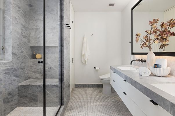 Bathroom, Dual Sink Vanities, Glass Shower, Interior