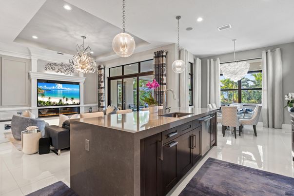 Chandelier, Dining room, Fireplace, Interior, Kitchen, Living room, Pendant Lights, Recessed Lighting