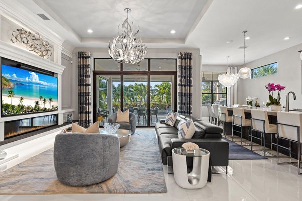 Chandelier, Dining room, Fireplace, Interior, Living room, Pendant Lights, Recessed Lighting