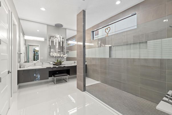 Bathroom, Dual Sink Vanities, Interior, Pendant Lights, Recessed Lighting