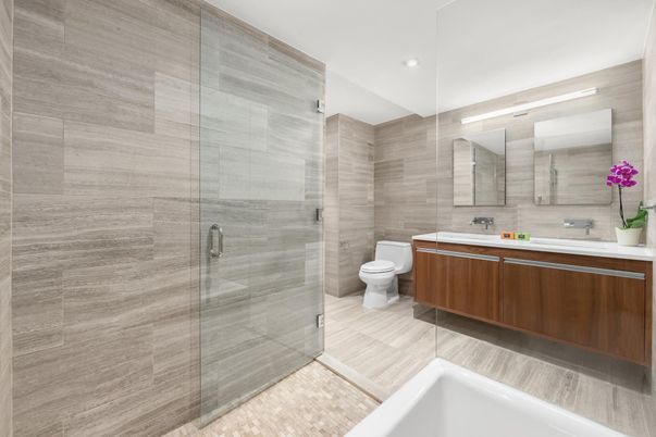 Bathroom, Dual Sink Vanities, Glass Shower, Interior, Recessed Lighting