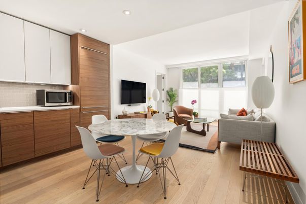 Dining room, Interior, Living room, Recessed Lighting, Wood Texture Flooring