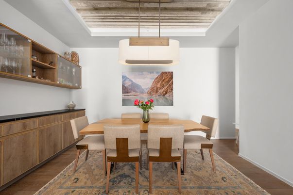Dining room, Interior, Pendant Lights, Wood Texture Flooring