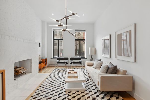 Dining room, Fireplace, Interior, Living room, Pendant Lights, Recessed Lighting, Wood Texture Flooring