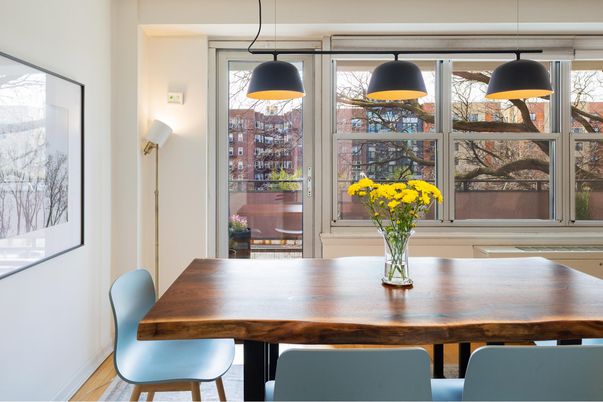 Dining room, Interior, Pendant Lights, Wood Texture Flooring