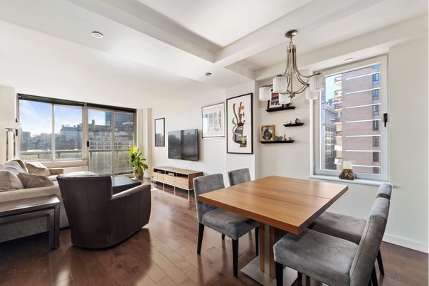 Dining room, Interior, Living room, Pendant Lights, Recessed Lighting, Wood Texture Flooring
