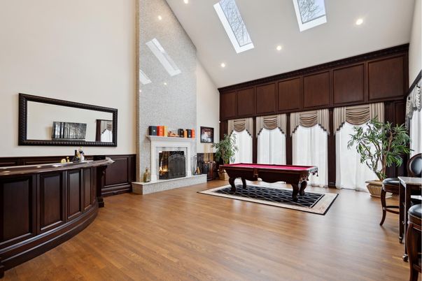 Billiard Table, Fireplace, Game Room, Interior, Recessed Lighting, Wood Texture Flooring