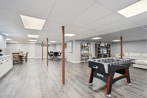 Dining room, Game Room, Interior, Recessed Lighting, Wood Texture Flooring
