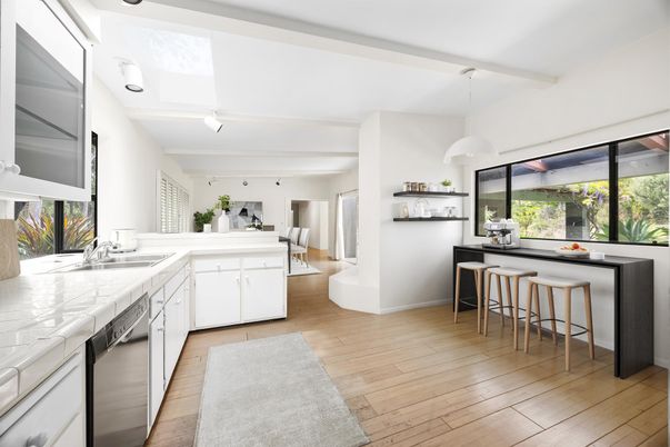 Interior, Kitchen, Pendant Lights, Tile Countertops, Wood Texture Flooring