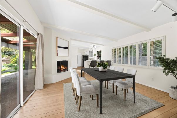 Dining room, Fireplace, Interior, Wood Texture Flooring