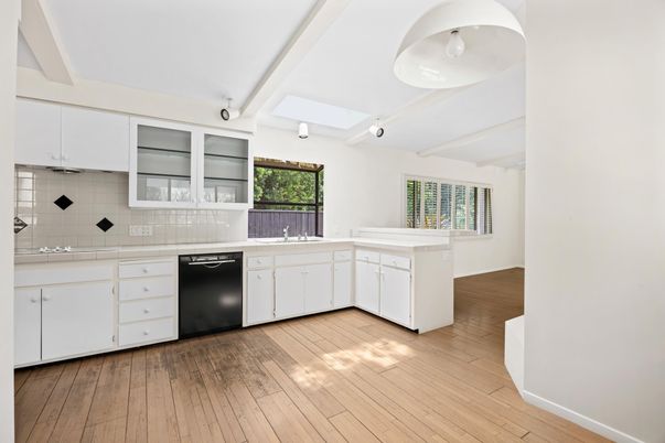 Interior, Kitchen, Tile Countertops, Wood Texture Flooring