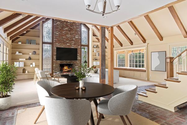 Dining room, Fireplace, Interior, Living room, Stone Walls, Wooden Beams