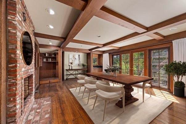 Dining room, Fireplace, Interior, Recessed Lighting, Stone Walls, Wooden Beams, Wood Texture Flooring
