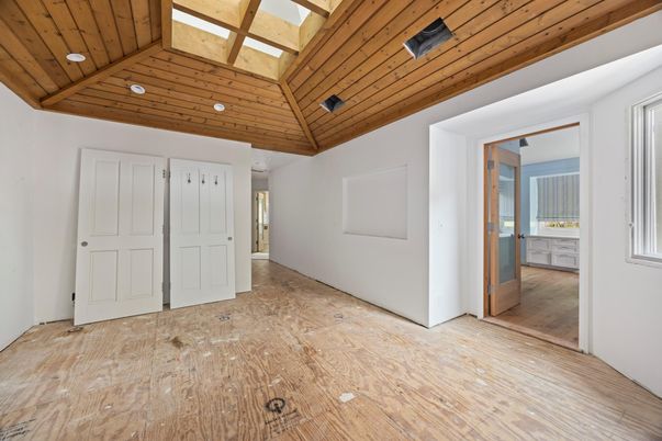 Empty room, Interior, Recessed Lighting, Wooden Beams, Wooden Ceilings, Wood Texture Flooring
