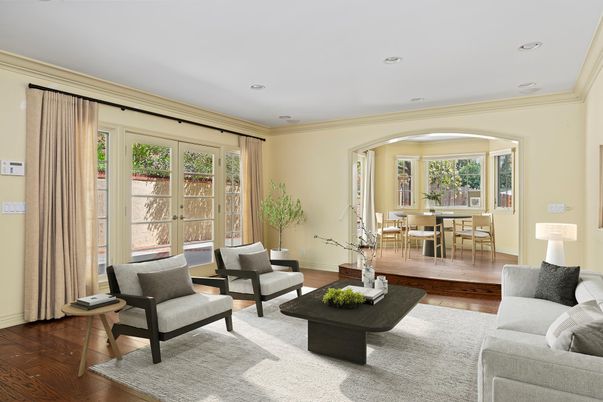 Dining room, Interior, Living room, Recessed Lighting, Wood Texture Flooring