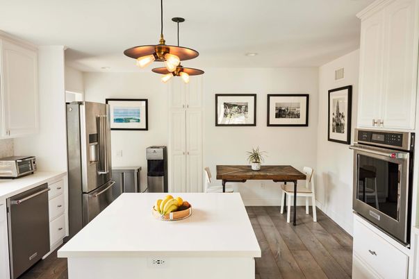Dining room, Interior, Kitchen, Recessed Lighting, Stainless Steel Appliances, Wood Texture Flooring