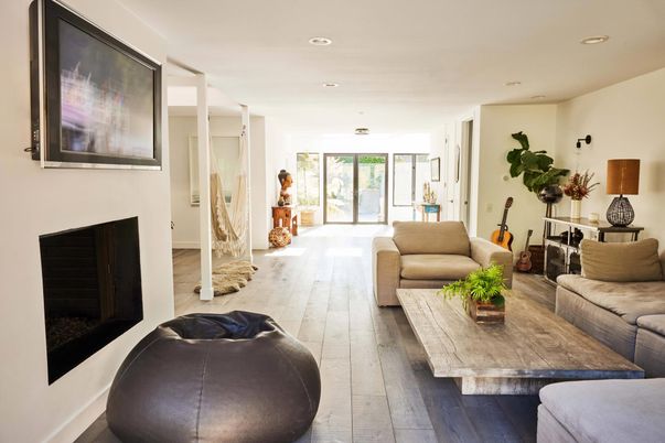Fireplace, Interior, Living room, Recessed Lighting, Wood Texture Flooring