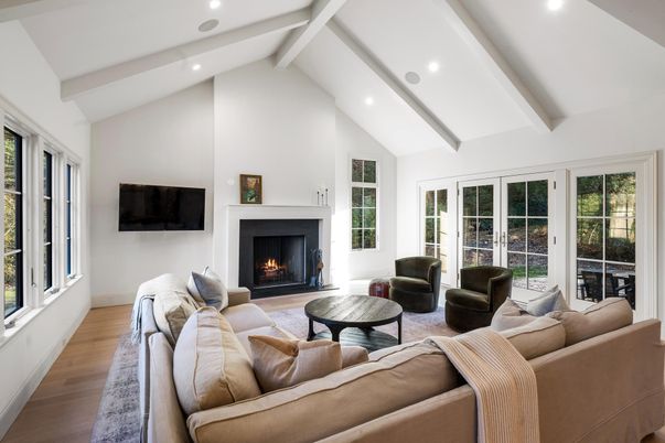 Fireplace, Interior, Living room, Recessed Lighting, Wood Texture Flooring