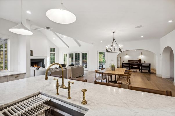 Chandelier, Dining room, Fireplace, Interior, Kitchen, Living room, Pendant Lights, Piano, Recessed Lighting, Wood Texture Flooring
