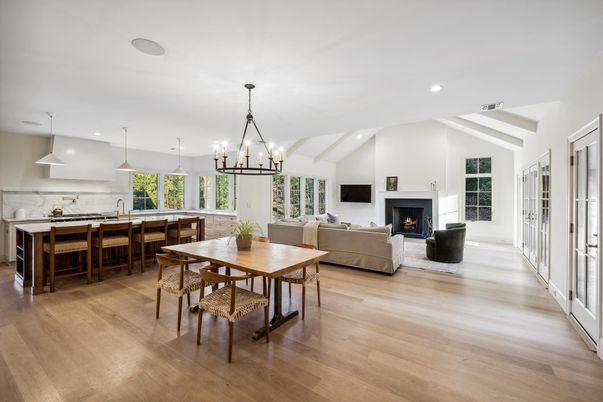 Dining room, Fireplace, Interior, Kitchen, Living room, Pendant Lights, Recessed Lighting, Wood Texture Flooring