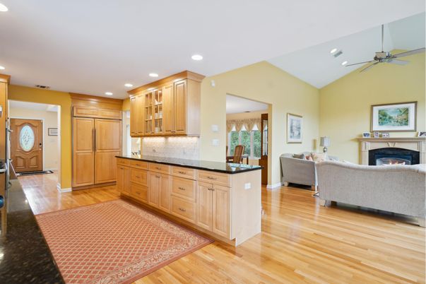 Fireplace, Interior, Kitchen, Living room, Recessed Lighting, Wood Texture Flooring