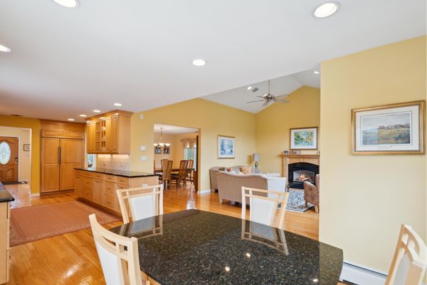 Chandelier, Dining room, Fireplace, Interior, Kitchen, Living room, Pendant Lights, Recessed Lighting, Wood Texture Flooring